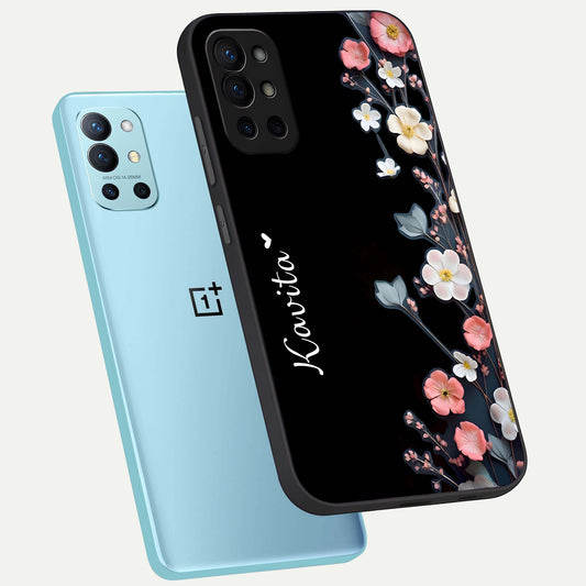  Black Elegance Floral Custom Name phone case For OnePlus 9R showing premium glass back cover with detailed artwork