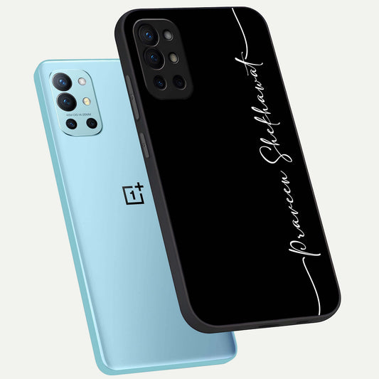  Black Tune Custom Name phone case For OnePlus 9R showing premium glass back cover with detailed artwork