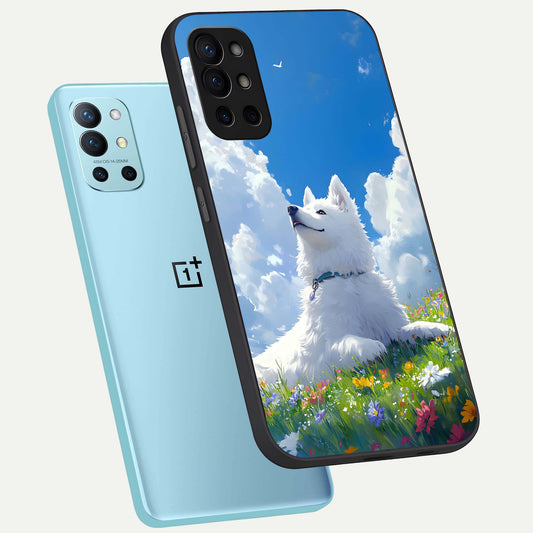 Blissful Cloud Pup phone case For OnePlus 9R showing premium glass back cover with detailed artwork