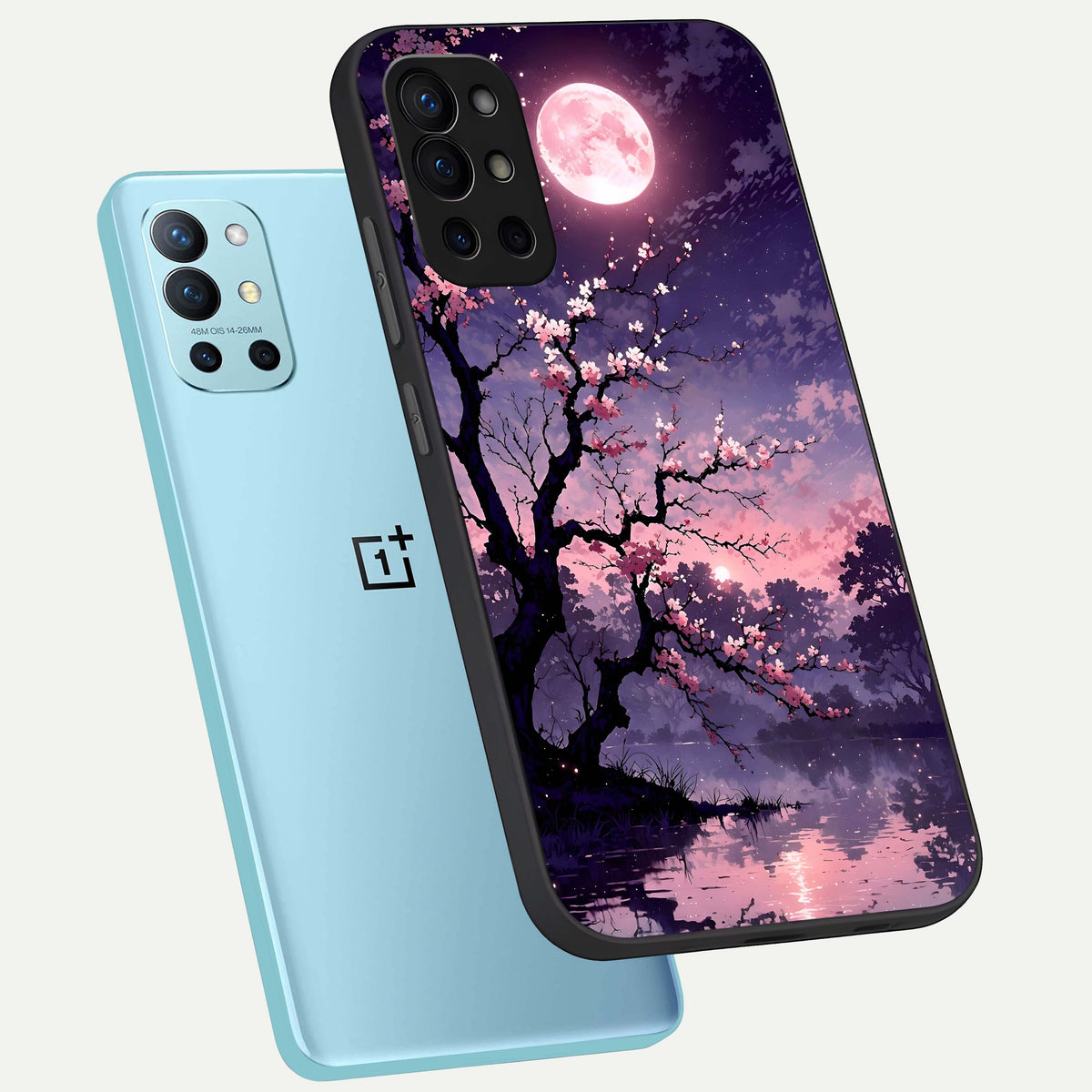  Blossom Pink Moon phone case For OnePlus 9R showing premium glass back cover with detailed artwork