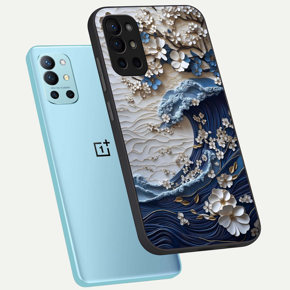 Blossom Wave Art phone case For OnePlus 9R showing premium glass back cover with detailed artwork