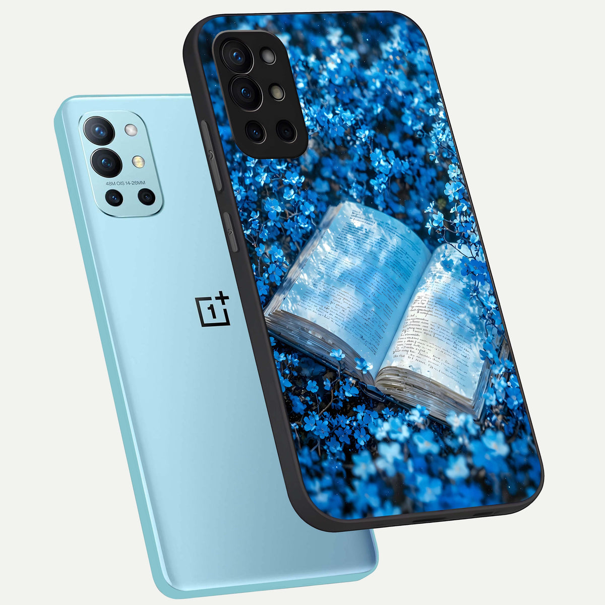  Blue Bloom Tales phone case For OnePlus 9R showing premium glass back cover with detailed artwork