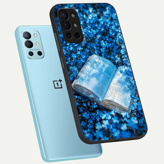  Blue Bloom Tales phone case For OnePlus 9R showing premium glass back cover with detailed artwork