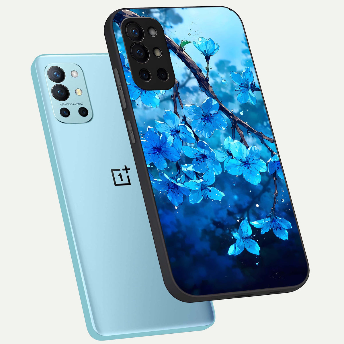  Blue Blossoms Branch phone case For OnePlus 9R showing premium glass back cover with detailed artwork
