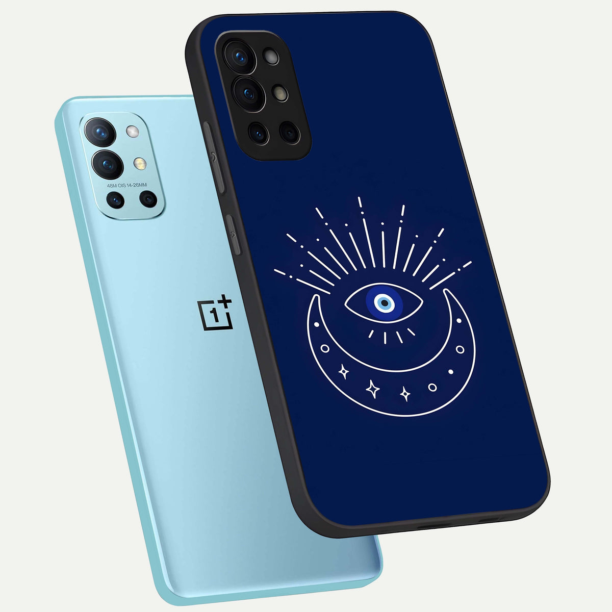  Blue Evil Eye phone case For OnePlus 9R showing premium glass back cover with detailed artwork