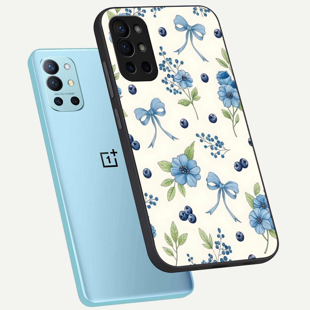  Blue Flower And Bow phone case For OnePlus 9R showing premium glass back cover with detailed artwork