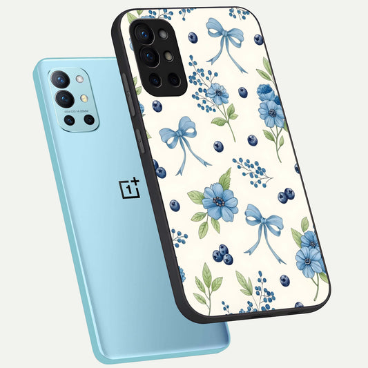  Blue Flower And Bow phone case For OnePlus 9R showing premium glass back cover with detailed artwork
