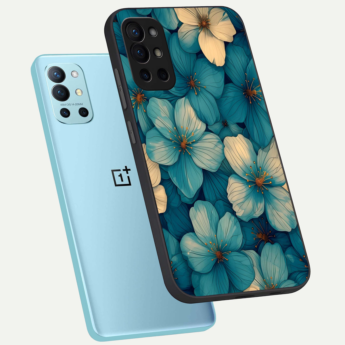  Blue Shade Floral phone case For OnePlus 9R showing premium glass back cover with detailed artwork