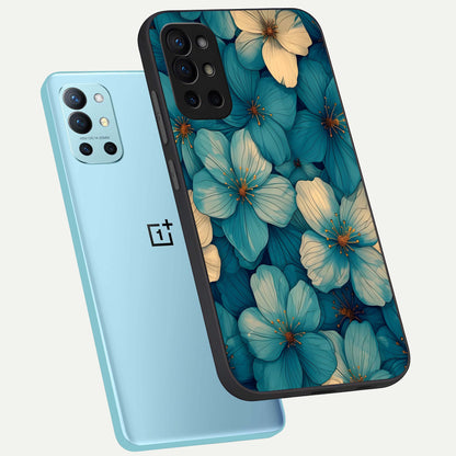  Blue Shade Floral phone case For OnePlus 9R showing premium glass back cover with detailed artwork