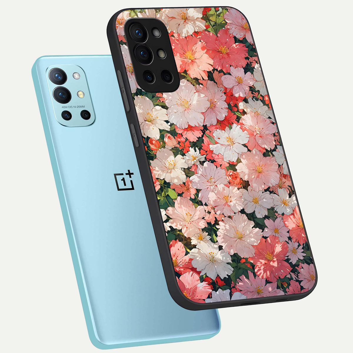  Blush Bloom Field phone case For OnePlus 9R showing premium glass back cover with detailed artwork