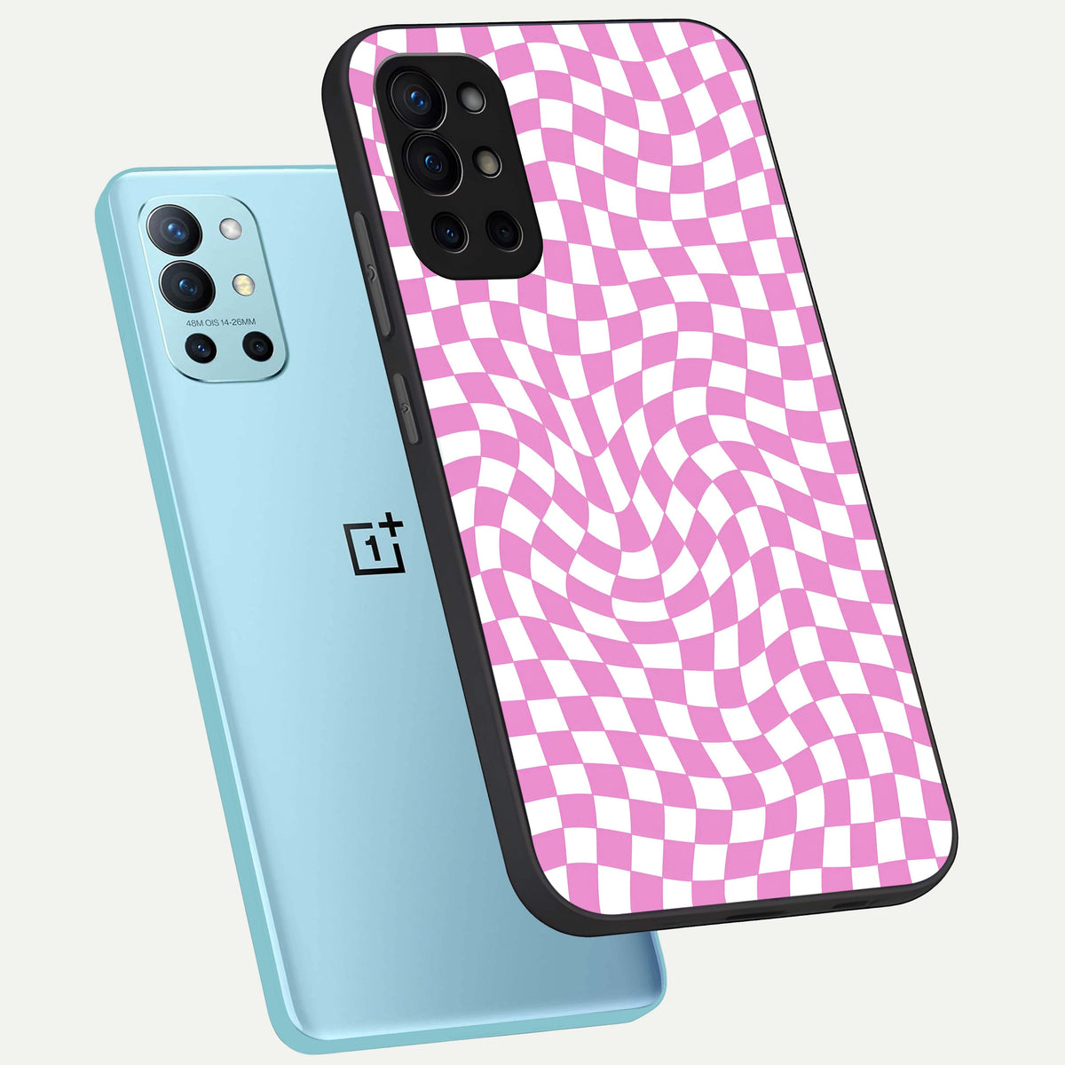  Bubblegum Check Wave phone case For OnePlus 9R showing premium glass back cover with detailed artwork