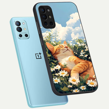  Cat And Flowers View phone case For OnePlus 9R showing premium glass back cover with detailed artwork