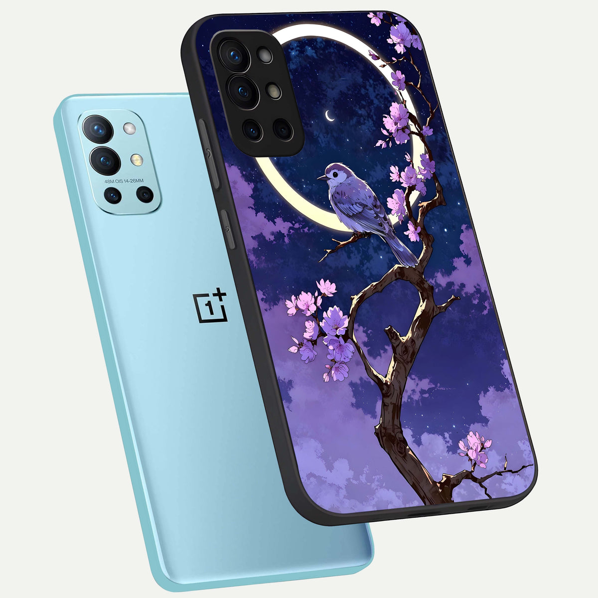  Celestial Bird Blossom phone case For OnePlus 9R showing premium glass back cover with detailed artwork