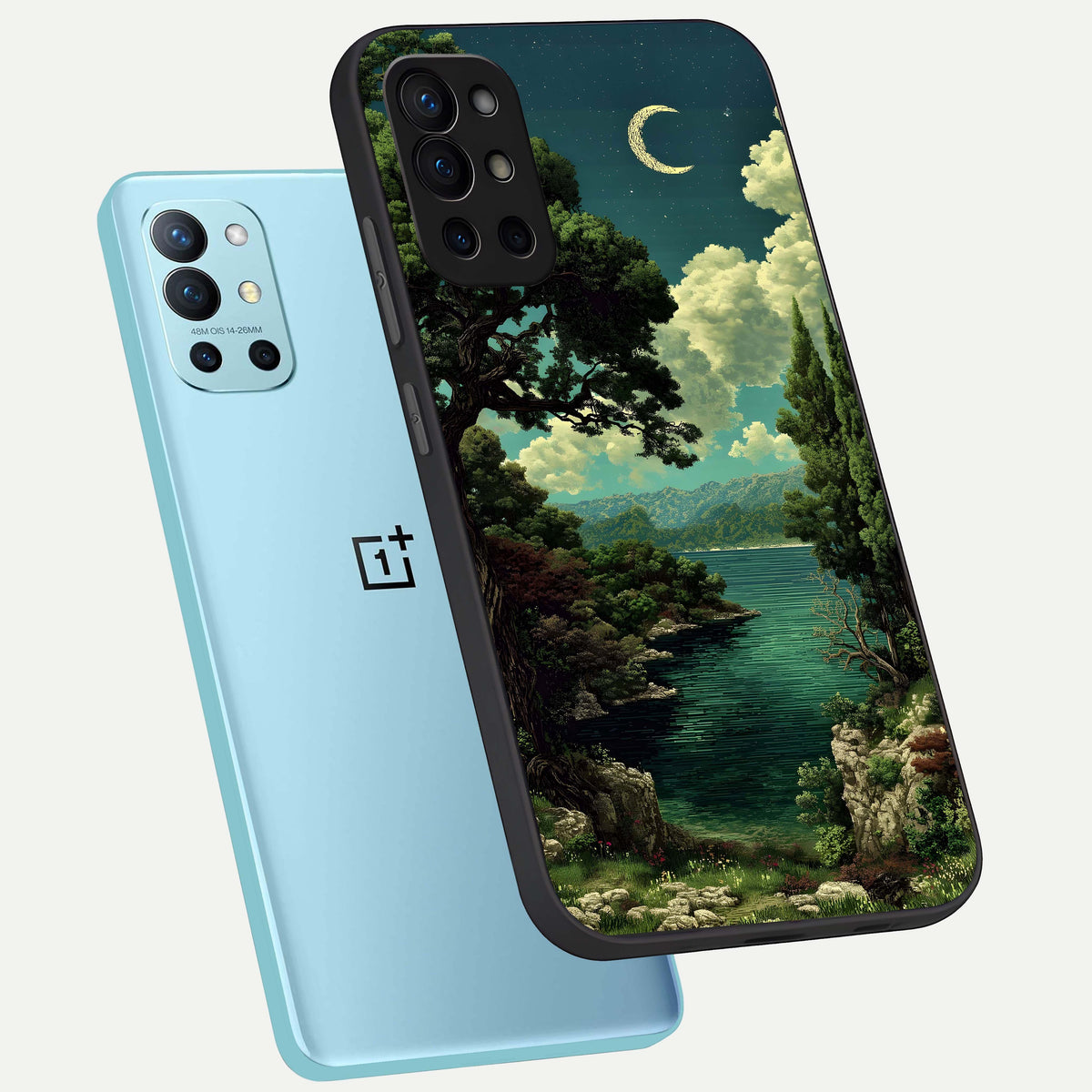  Celestial Lake Peace phone case For OnePlus 9R showing premium glass back cover with detailed artwork