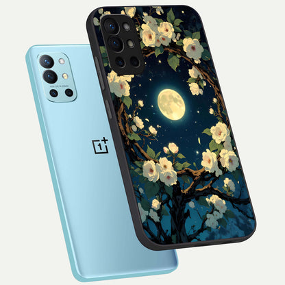  Celestial Moon And Flower phone case For OnePlus 9R showing premium glass back cover with detailed artwork