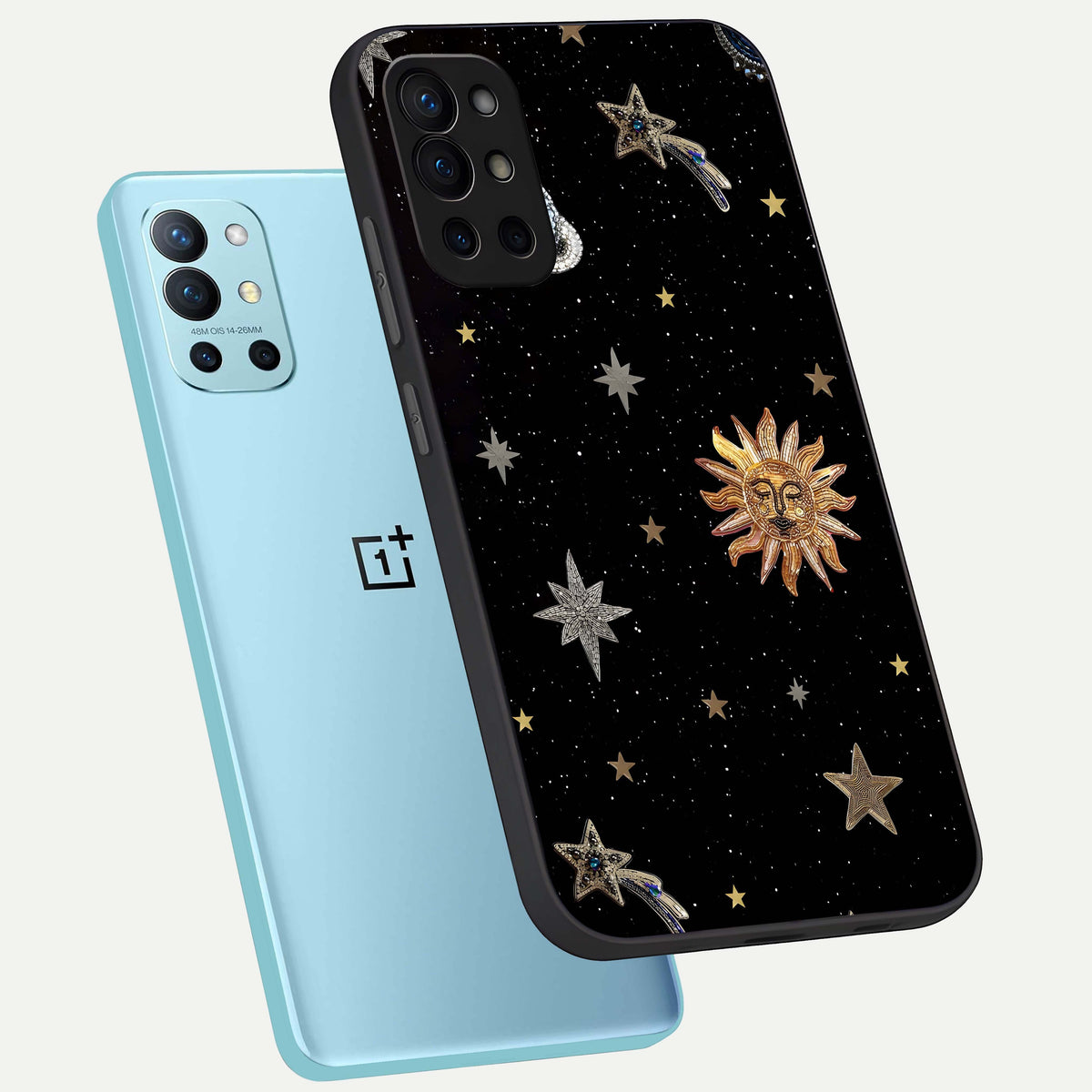  Celestial Moon With Stars phone case For OnePlus 9R showing premium glass back cover with detailed artwork