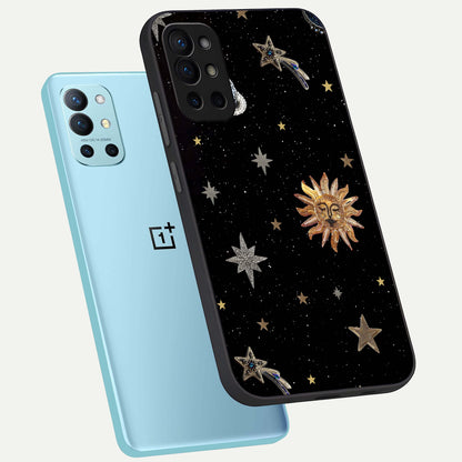  Celestial Moon With Stars phone case For OnePlus 9R showing premium glass back cover with detailed artwork