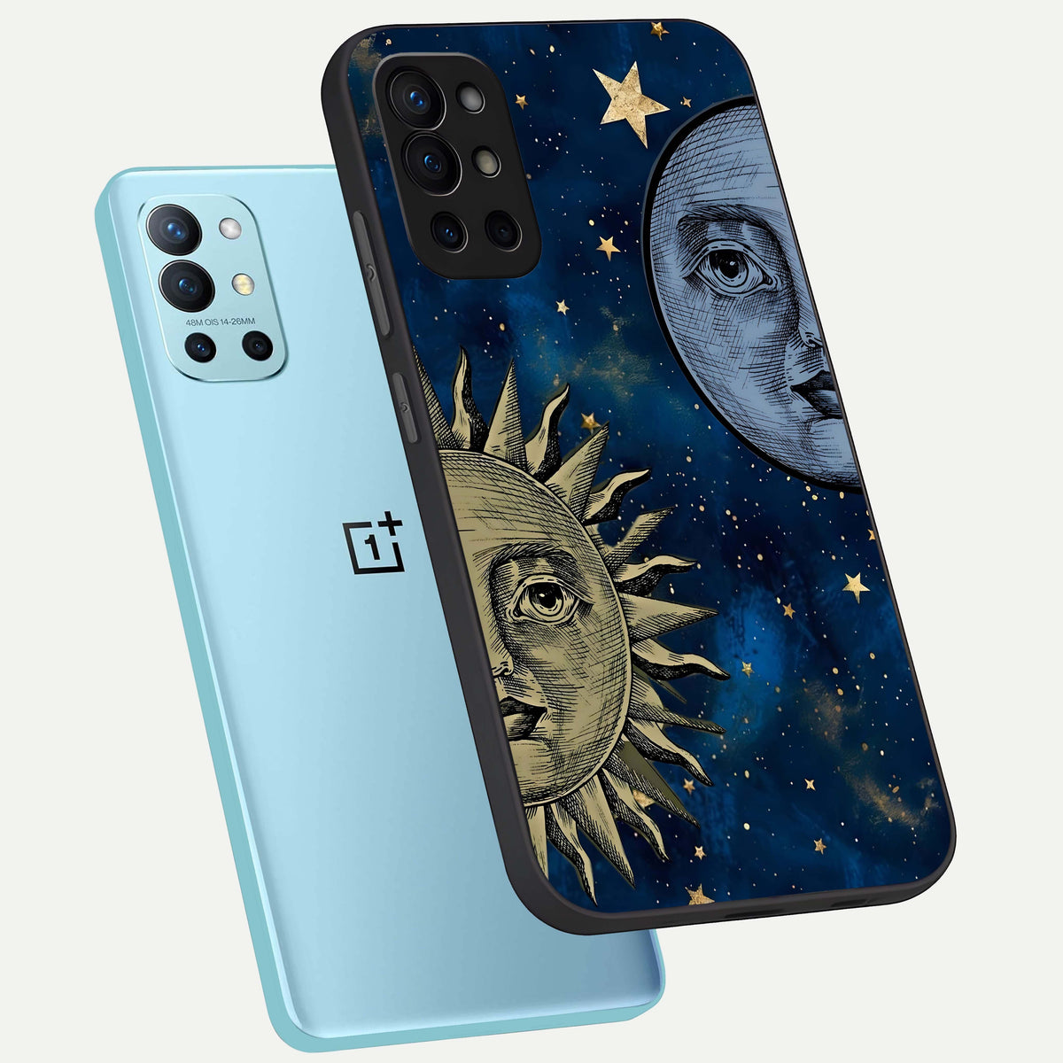  Celestial Moon With Sun phone case For OnePlus 9R showing premium glass back cover with detailed artwork