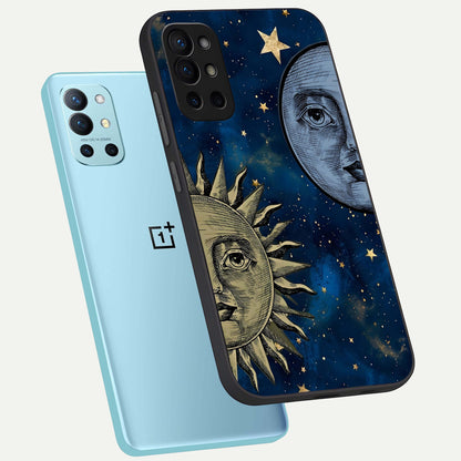  Celestial Moon With Sun phone case For OnePlus 9R showing premium glass back cover with detailed artwork