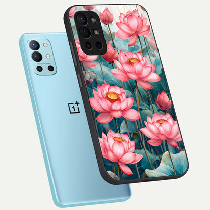  Celestial Pink Lotus phone case For OnePlus 9R showing premium glass back cover with detailed artwork