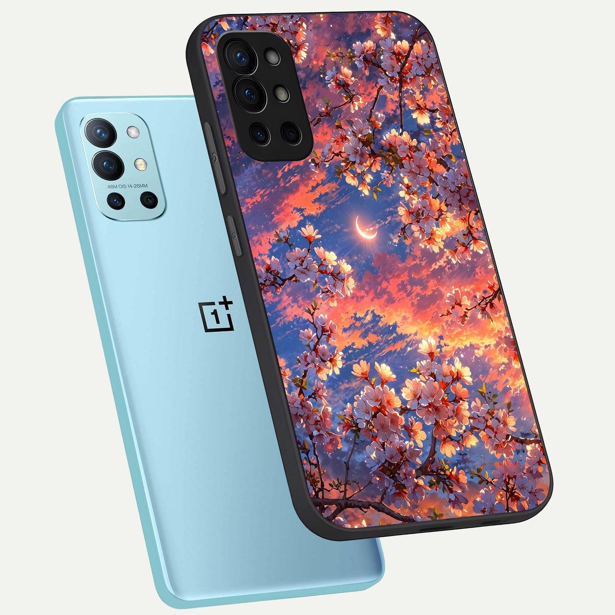  Celestial Sakura Sunset phone case For OnePlus 9R showing premium glass back cover with detailed artwork