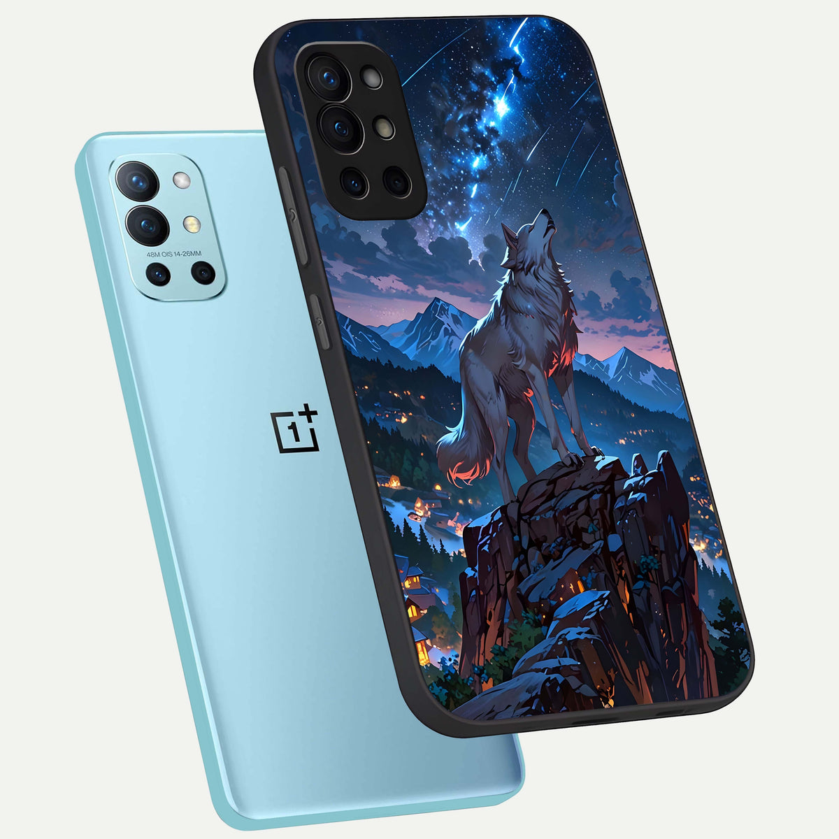  Celestial Wolf Howl phone case For OnePlus 9R showing premium glass back cover with detailed artwork