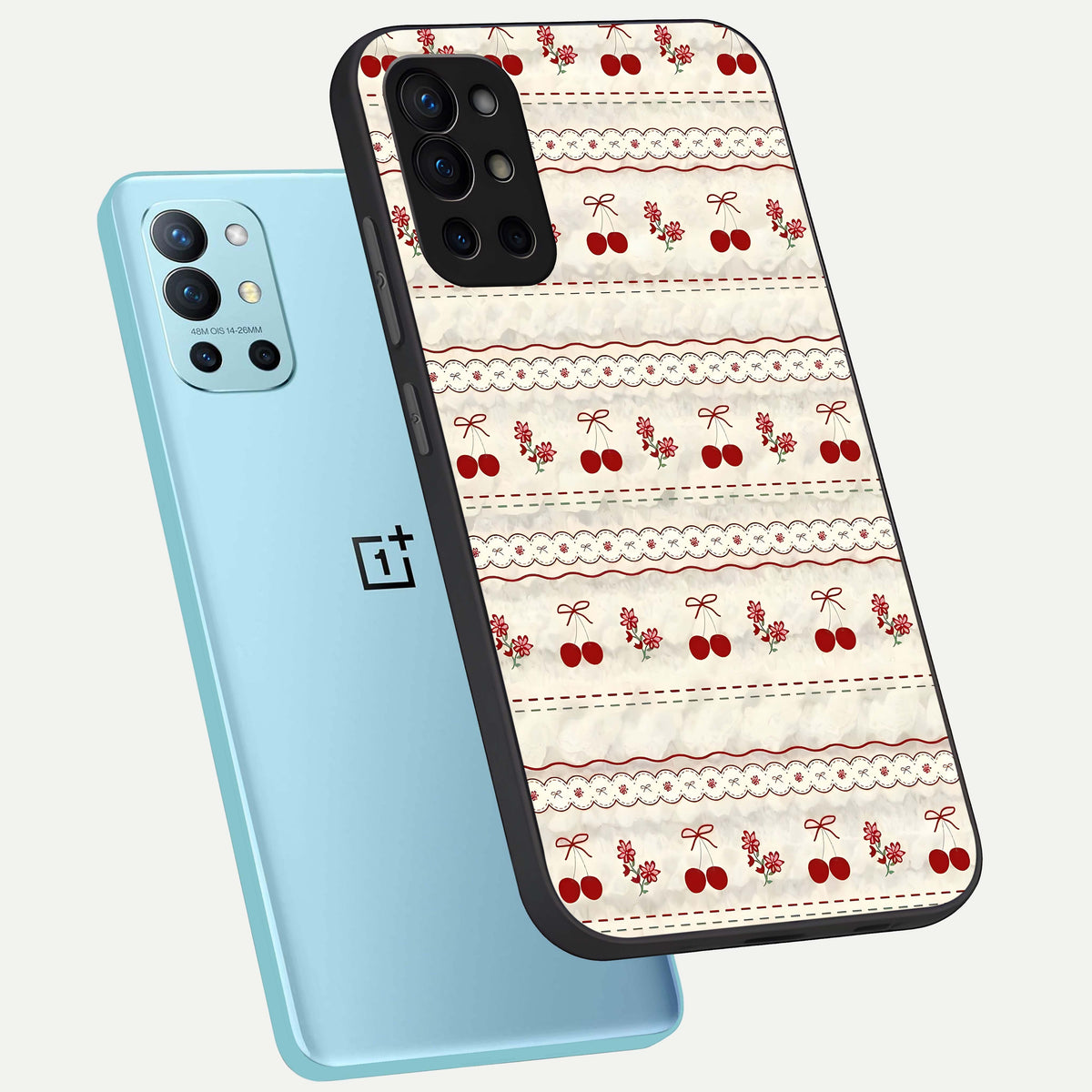  Cherry Bloom Charm phone case For OnePlus 9R showing premium glass back cover with detailed artwork