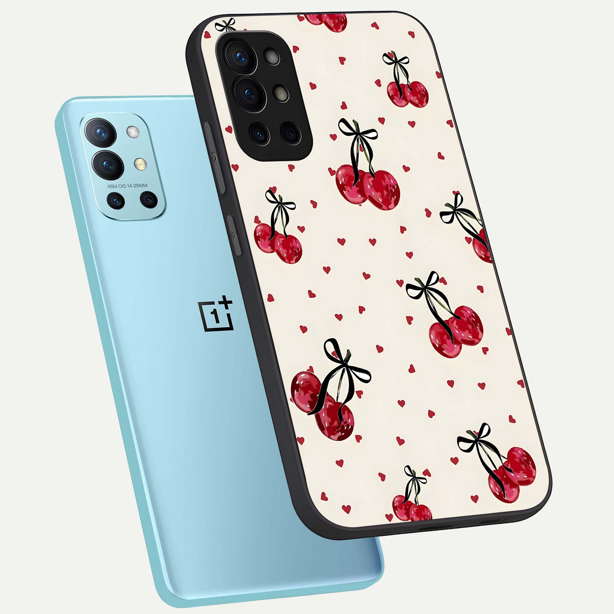  Cherry Heart Bow phone case For OnePlus 9R showing premium glass back cover with detailed artwork