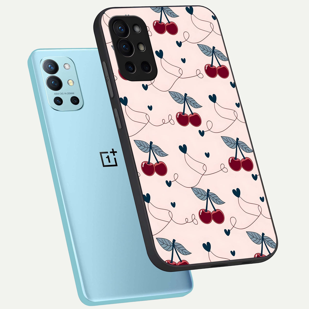  Cherry Heart Line phone case For OnePlus 9R showing premium glass back cover with detailed artwork