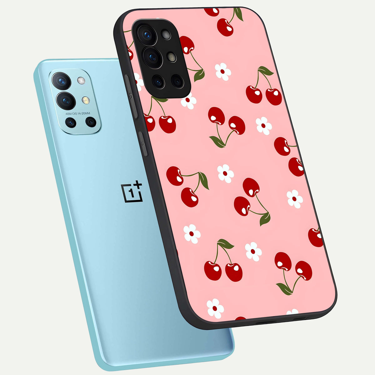  Cherry Love Mood phone case For OnePlus 9R showing premium glass back cover with detailed artwork