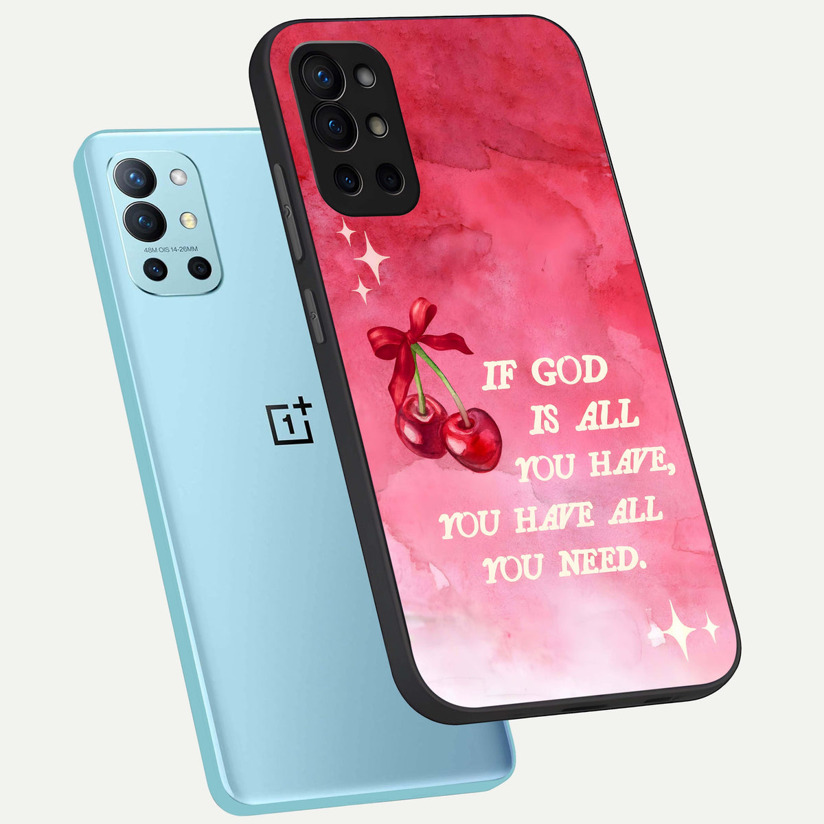  Cherry Quote phone case For OnePlus 9R showing premium glass back cover with detailed artwork