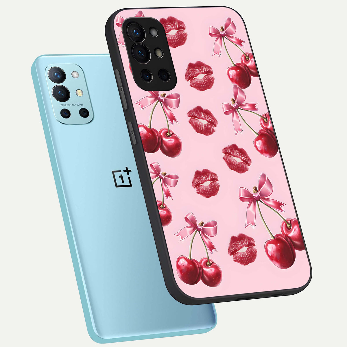  Cherry With Lips phone case For OnePlus 9R showing premium glass back cover with detailed artwork