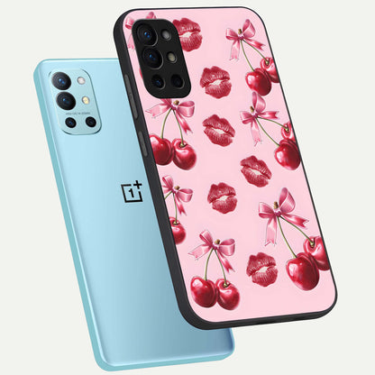  Cherry With Lips phone case For OnePlus 9R showing premium glass back cover with detailed artwork