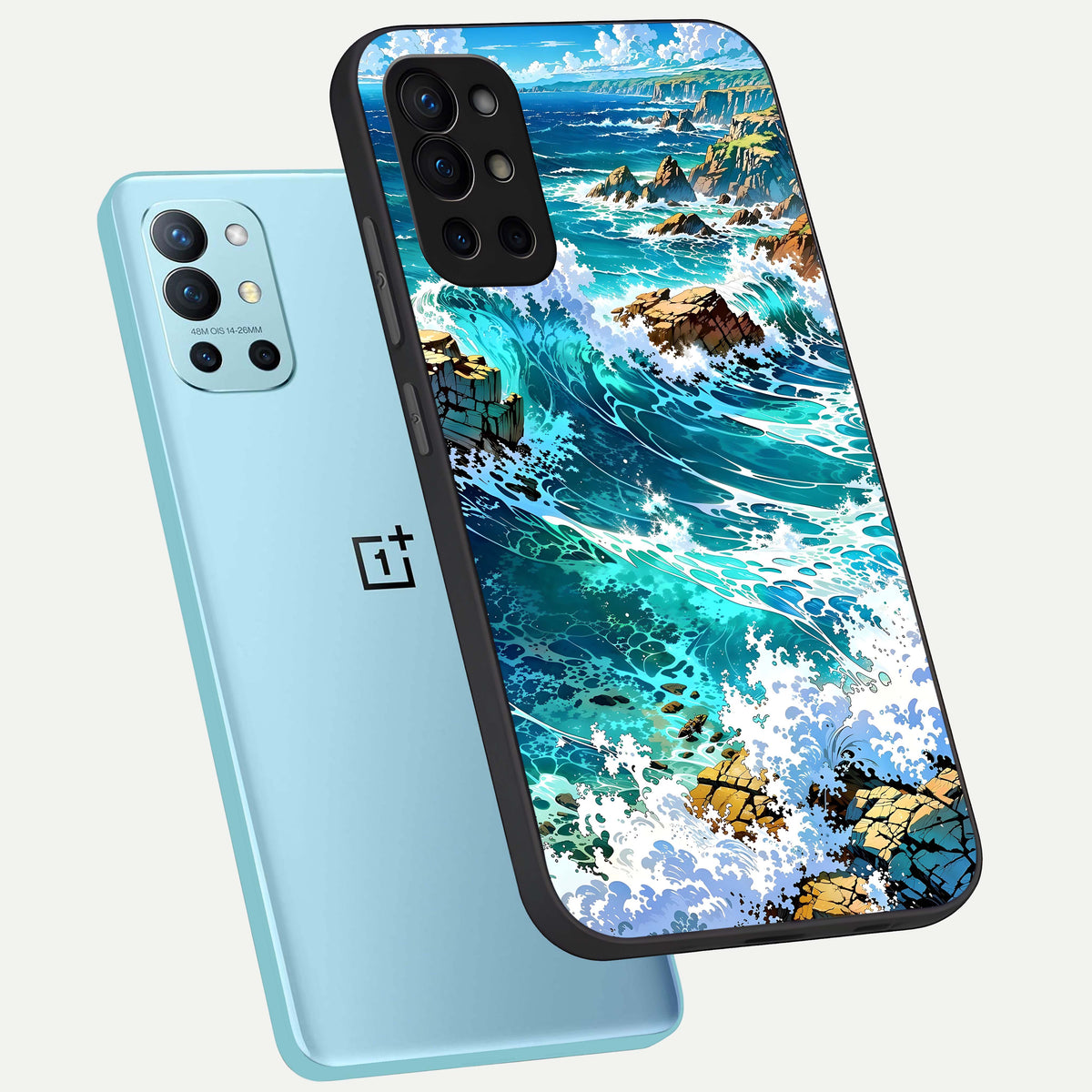  Coastal Blue Waves phone case For OnePlus 9R showing premium glass back cover with detailed artwork
