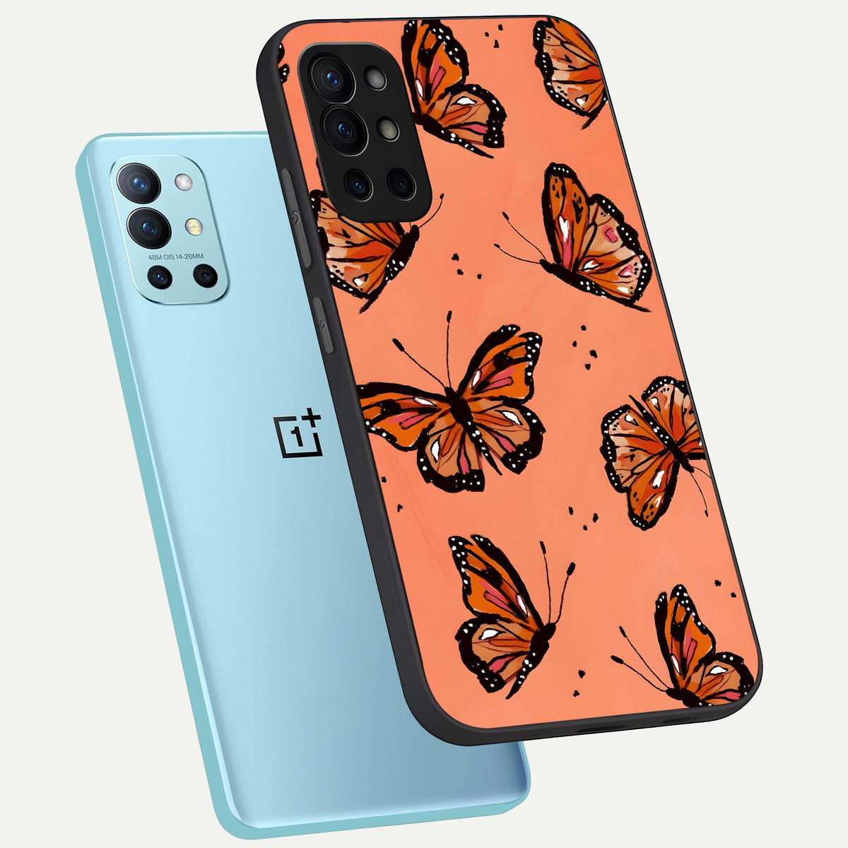  Coral Wing Butterfly phone case For OnePlus 9R showing premium glass back cover with detailed artwork