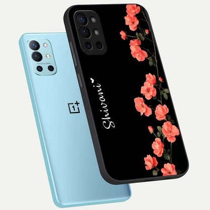  Crimson Bloom Grace Custom Name phone case For OnePlus 9R showing premium glass back cover with detailed artwork