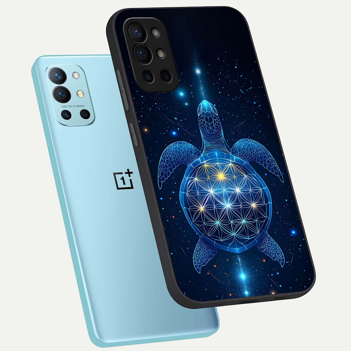  Crimson Blue Turtle phone case For OnePlus 9R showing premium glass back cover with detailed artwork