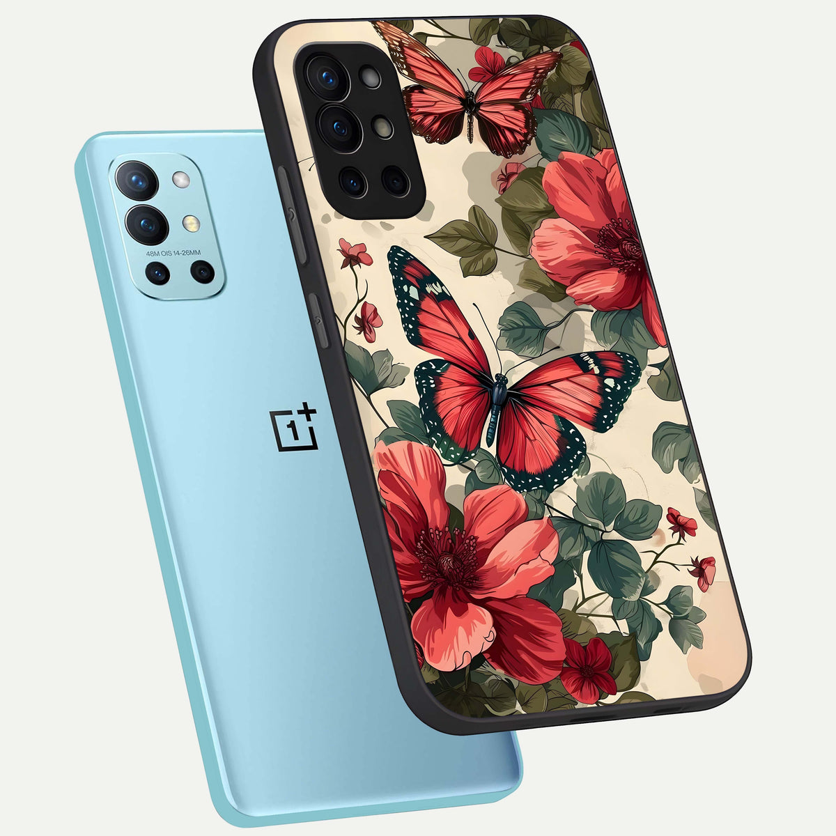  Crimson Butterfly Garden phone case For OnePlus 9R showing premium glass back cover with detailed artwork