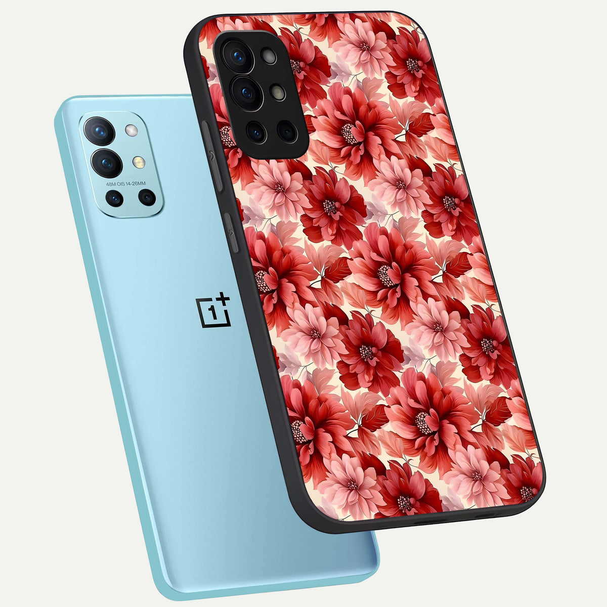  Crimson Love Petals phone case For OnePlus 9R showing premium glass back cover with detailed artwork