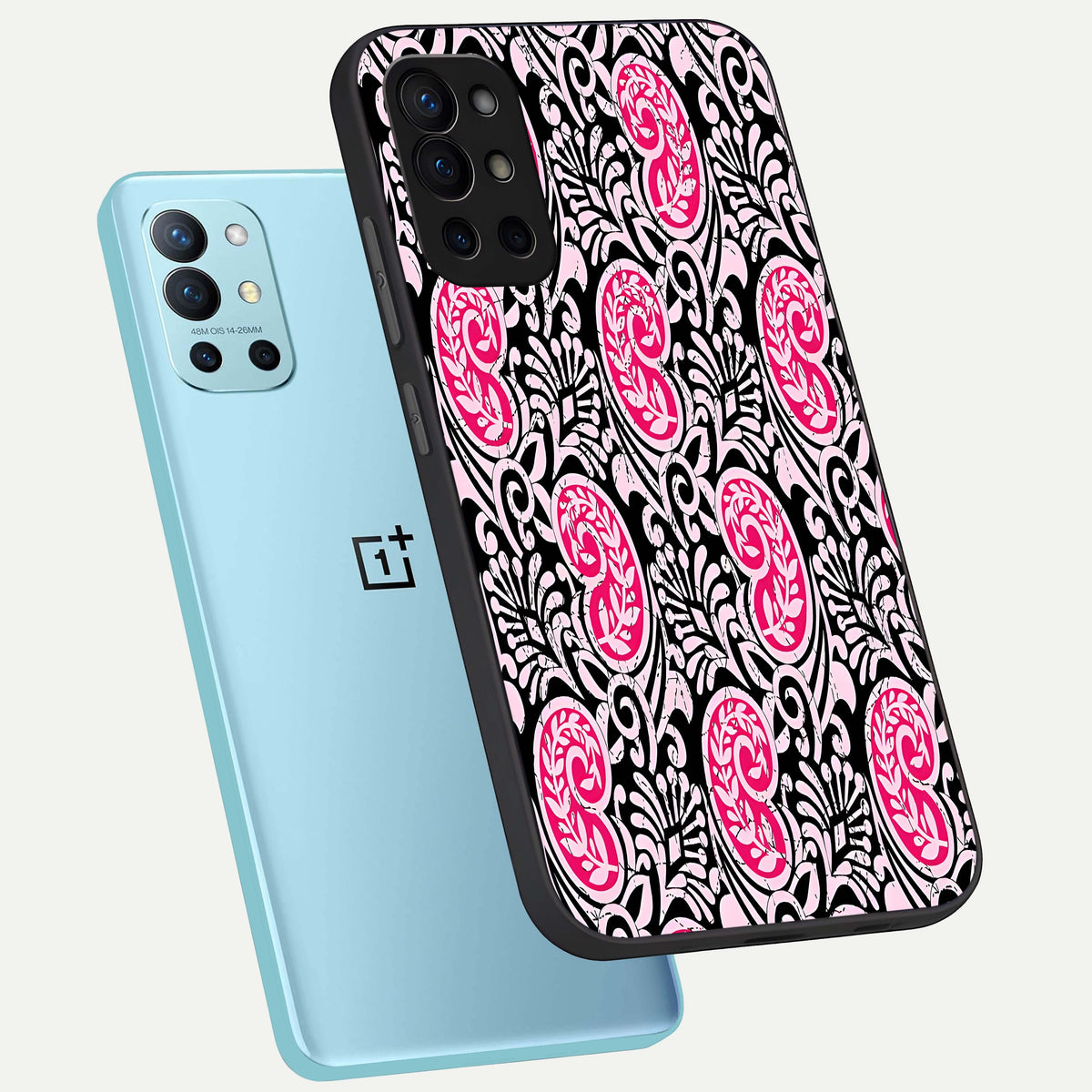  Crimson Paisley Charm phone case For OnePlus 9R showing premium glass back cover with detailed artwork
