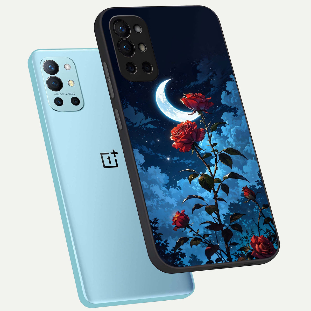  Crimson Rose Moon phone case For OnePlus 9R showing premium glass back cover with detailed artwork