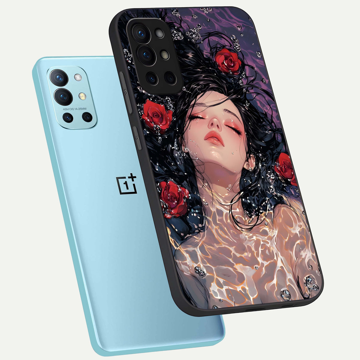  Crimson Rose Serenity phone case For OnePlus 9R showing premium glass back cover with detailed artwork