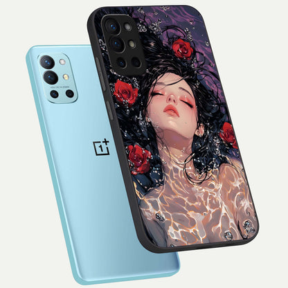  Crimson Rose Serenity phone case For OnePlus 9R showing premium glass back cover with detailed artwork