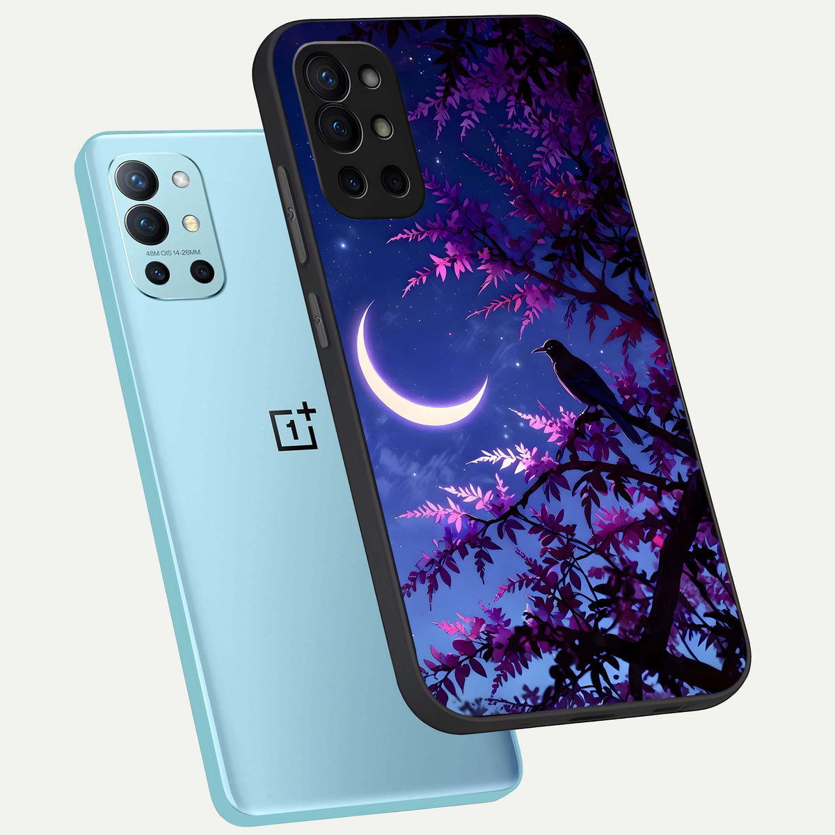  Crow And Moon Scenery phone case For OnePlus 9R showing premium glass back cover with detailed artwork