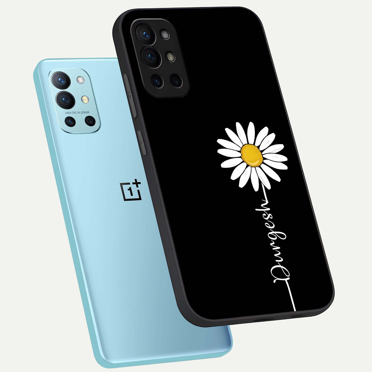  Custom Name White Flower phone case For OnePlus 9R showing premium glass back cover with detailed artwork