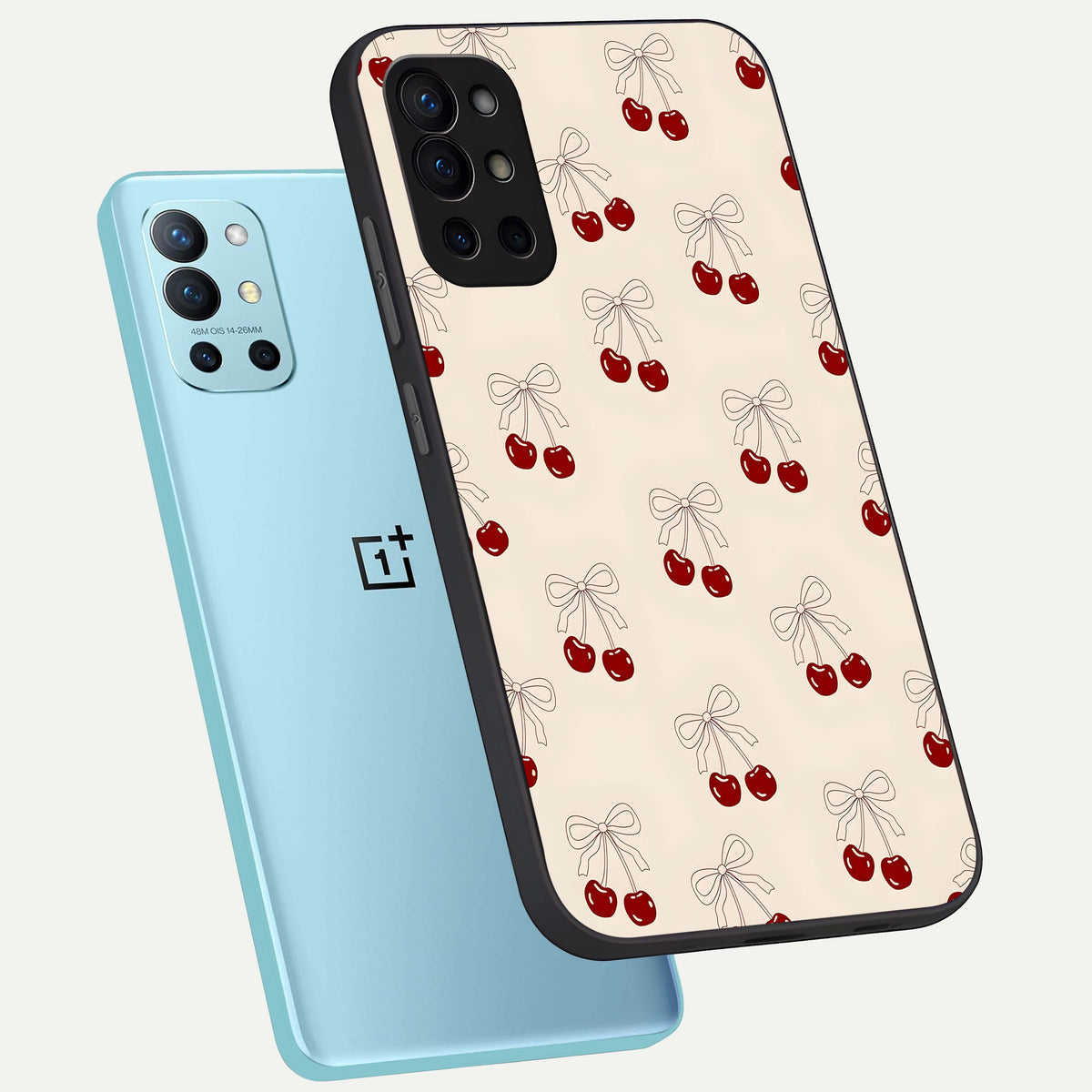  Cute Cherry Pattern phone case For OnePlus 9R showing premium glass back cover with detailed artwork