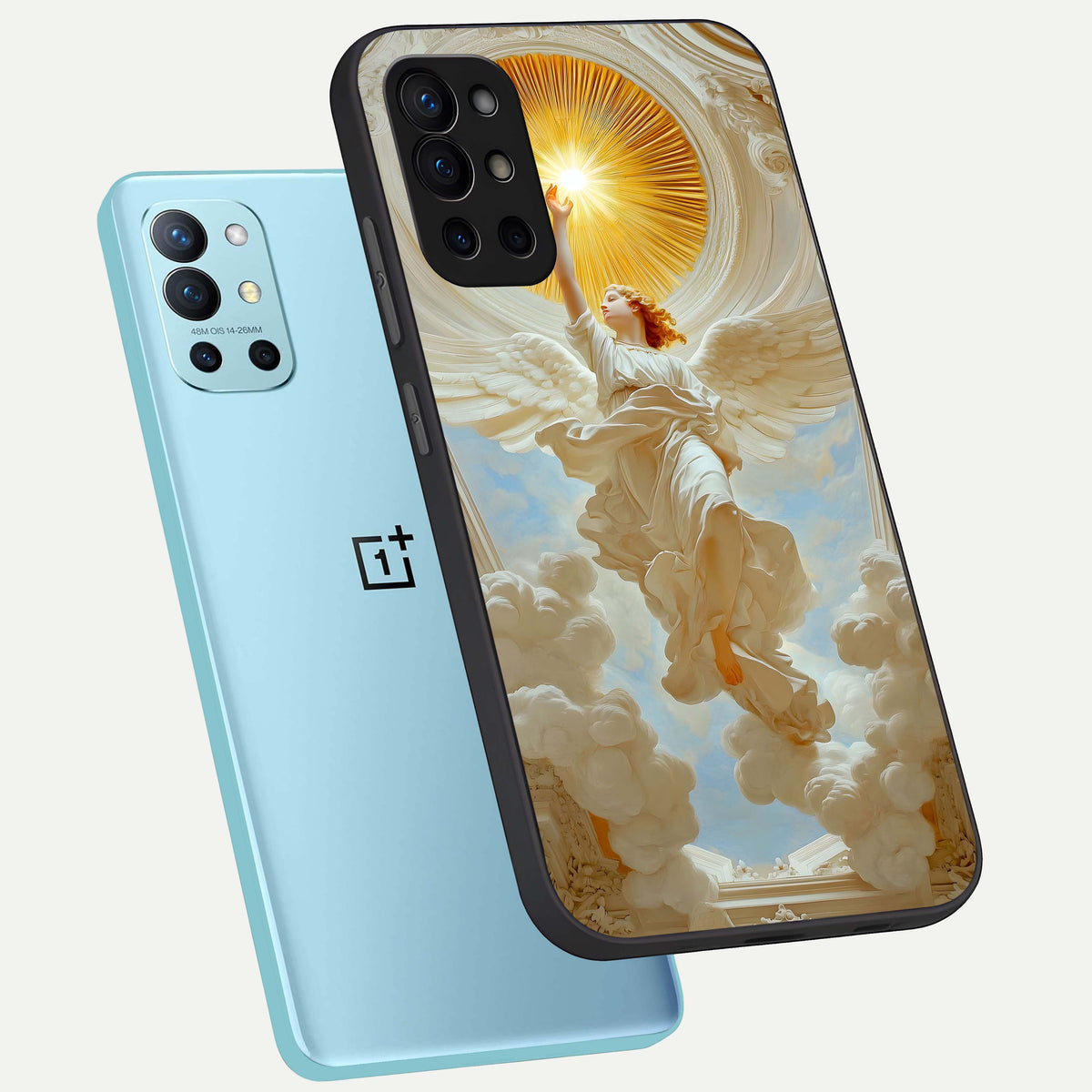  Divine Light Angel phone case For OnePlus 9R showing premium glass back cover with detailed artwork