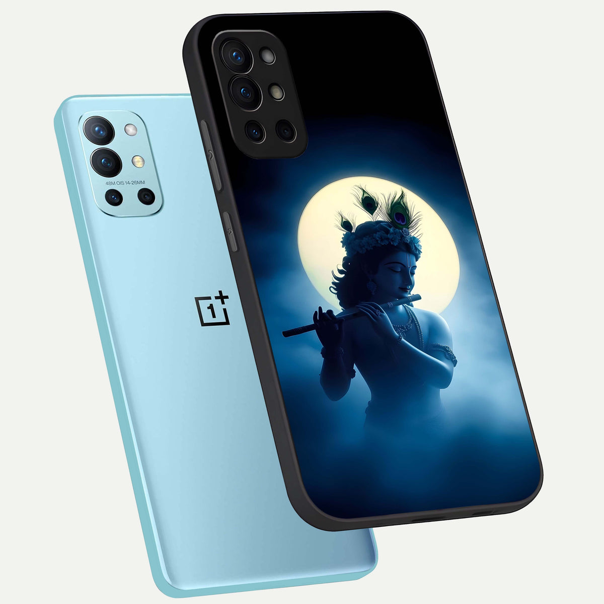  Divine Moon Flute phone case For OnePlus 9R showing premium glass back cover with detailed artwork