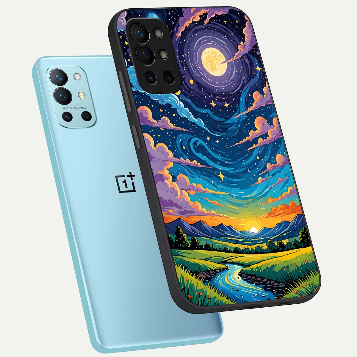  Dreamy Night Landscape phone case For OnePlus 9R showing premium glass back cover with detailed artwork