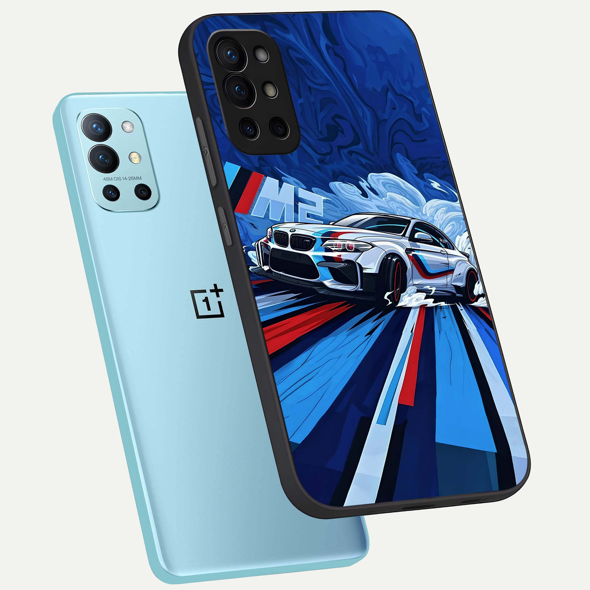 Drift Power Rush phone case For OnePlus 9R showing premium glass back cover with detailed artwork